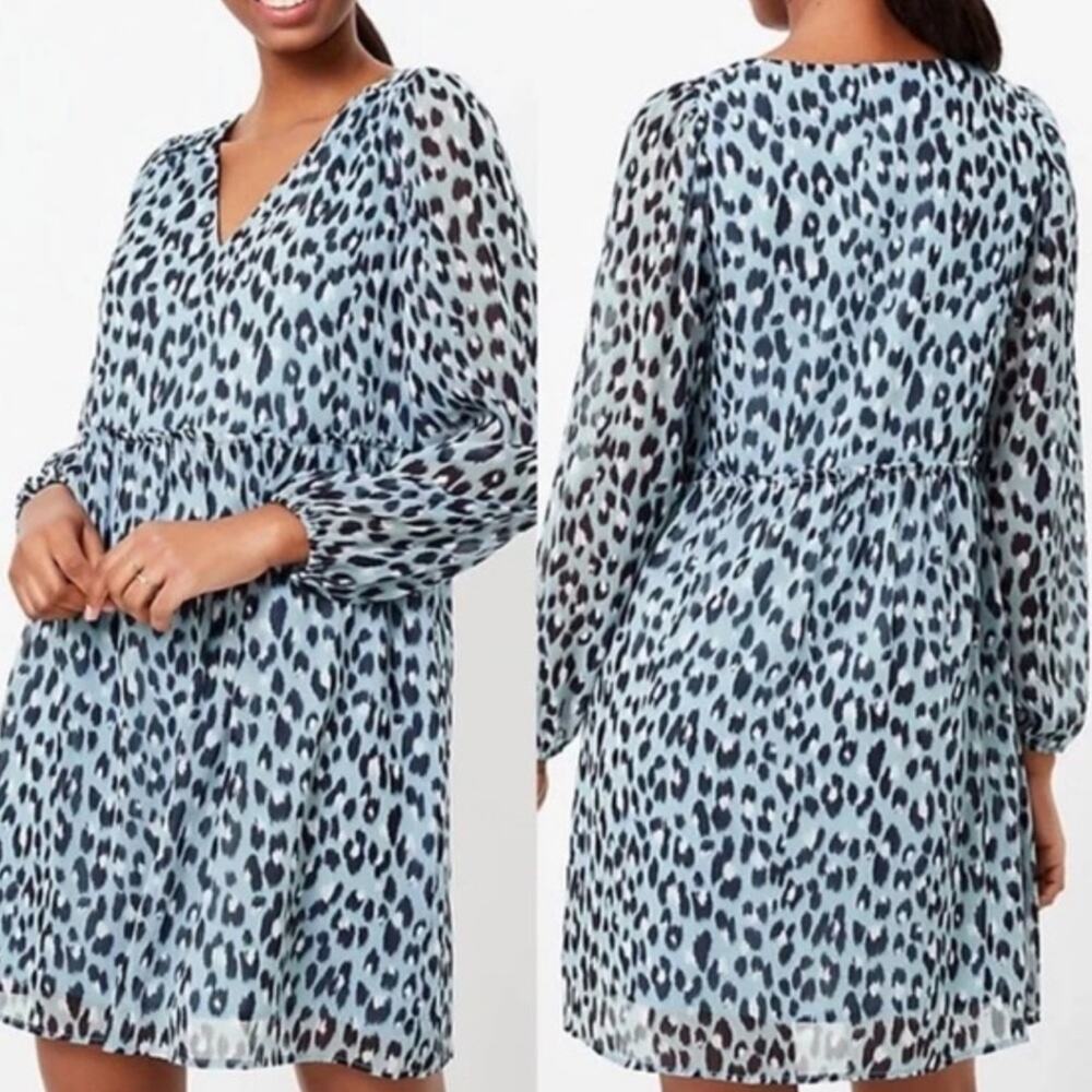 LOFT Long Sheer Sleeve Swing Mini Dress V-neck Blue Leopard Print Size Large